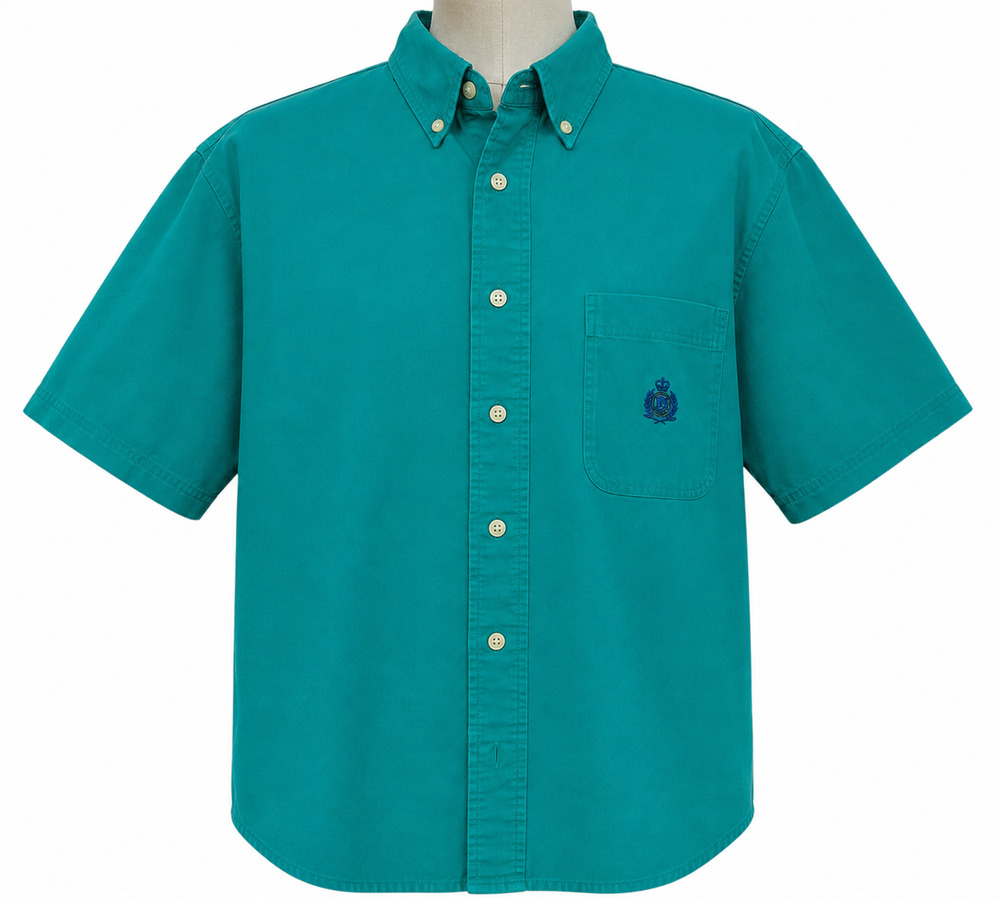 Vintage Mens Teal Button Down Shirt Embroidered Crest Short Sleeve Preppy 90s